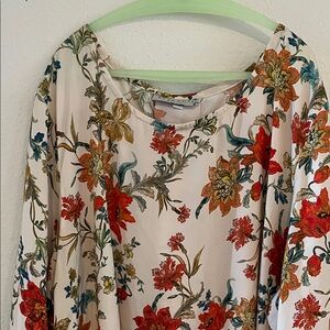 bryn Walker Floral Midi Dress in Cream with Red & Green Accents